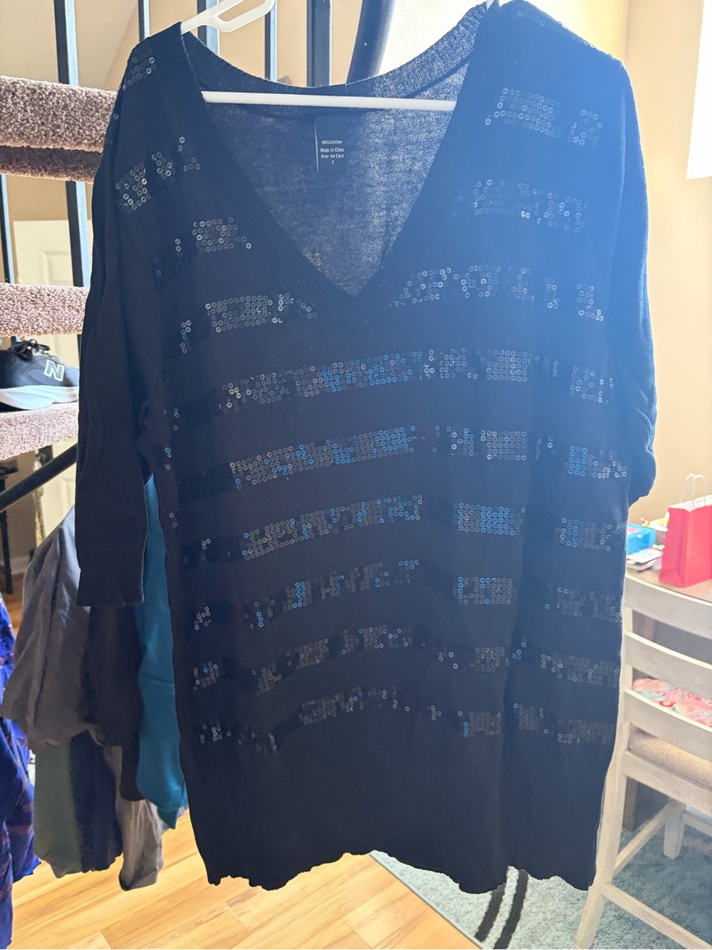 Black V-Neck Sequin Stripe Women’s Sweater